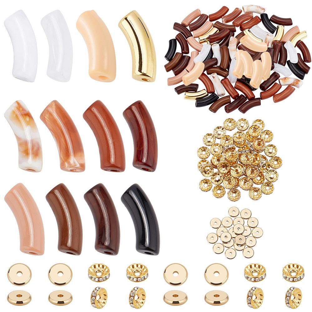 1box Beads Jewelry Making Finding Kit Including Curved Tube CCB Plastic & Acrylic & Brass & Iron Rhinestone Spacer Beads Coffee 142pcs/box