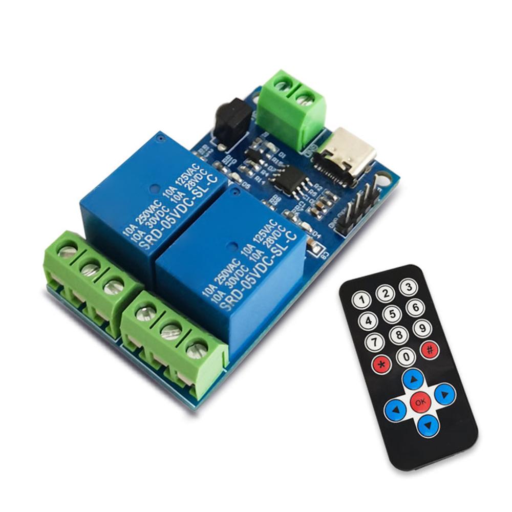 Релейный модуль DC 5V, 2-канальный, с USB Type-C, беспроводной, для умного дома, переключатель с дистанционным управлением, с инфракрасным пультом ДУ