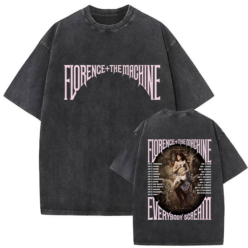 Florence and The Machine Tour Vintage Washed T Shirt Men Women Harajuku Aesthetic Oversized Cotton Tshirts Yk Streetwear