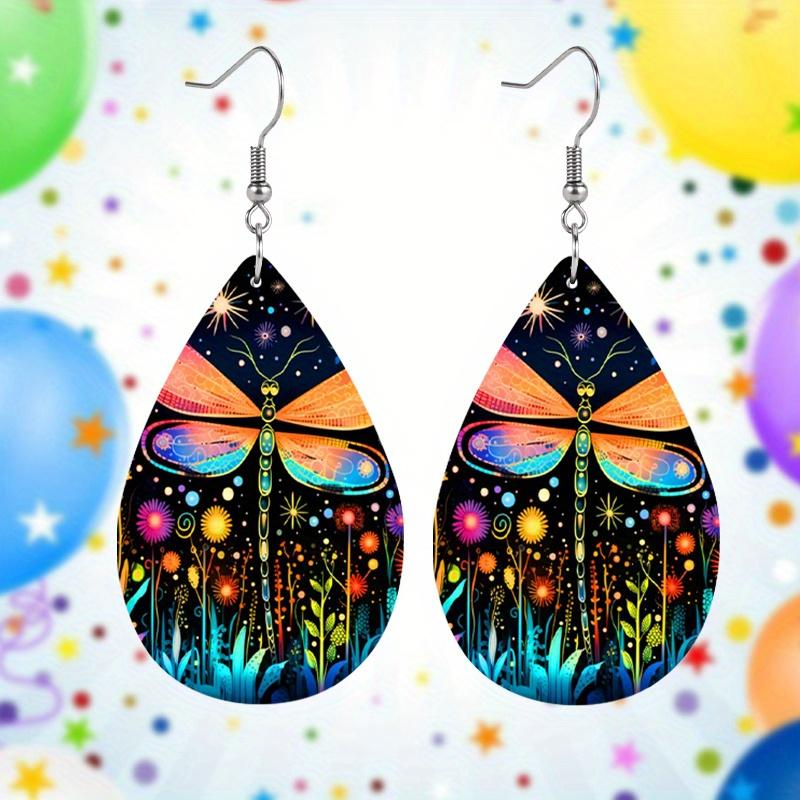 Starry Sky Flower Dragonfly Artificial Leather Earrings Spring Earrings Double-sided Printing Lightweight Earrings Teardrop Earrings