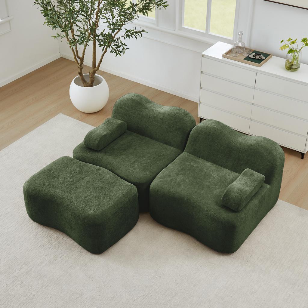 2-Seater L-Shaped Modular Boneless Sofa with 1 Ottoman, Wave Shape, Movable Armrest Cushion, for Living Room & Apartment, No Assembly Required, Green