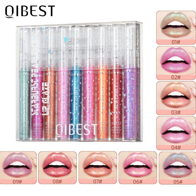 QIBEST Long Lasting Moisturizing People Ji Color Lip Glaze Dazzling Pearl Fine Glitter Shiny Polarized Lip Color Color Lip Glaze