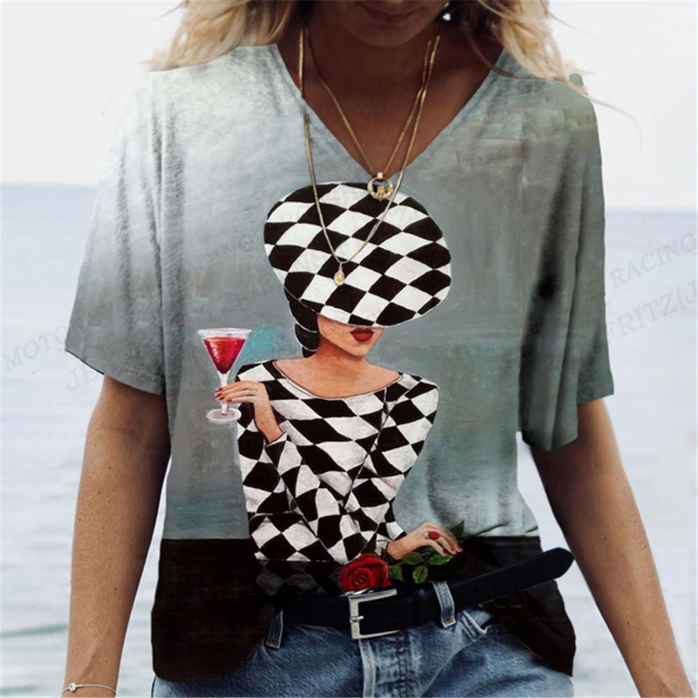 Harajuka абстрактные крутые футболки с принтом в стиле ретро, ​​женские универсальный пуловер с коротким рукавом, летние дизайнерские повседневные женские футболки с v-образным вырезом