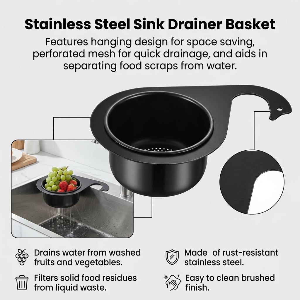 Stainless Steel Sink Drainer Basket Wall Mounted Kitchen Rack With Dry Wet Separation And Garbage Filter