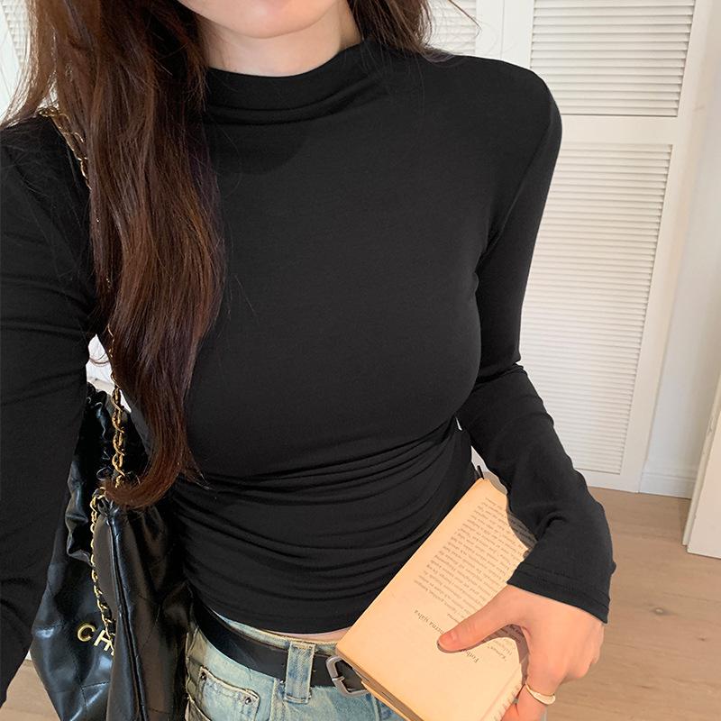 Черная облегающая рубашка с полуворотом и воротником-стойкой для женщин, осенний новый стиль, плиссированный дизайн с длинными рукавами, утягивающий внутренний топ