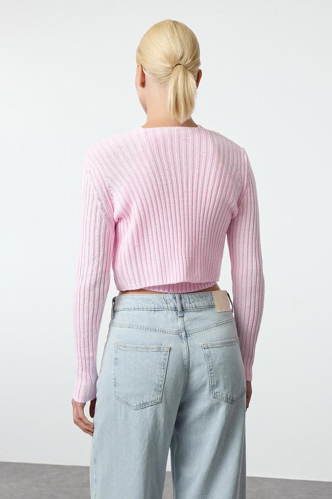 Women's Fashion Stylish Cardigan Pink Crop Blouse-Cardigan Set Knitwear Cardigan