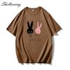 Shellsuning Cute Bunny Graphic Printed T Shirts Women Summer Casual Loose O Neck Short Sleeve Tees Female Trendy 100% Cotton Tops Lady