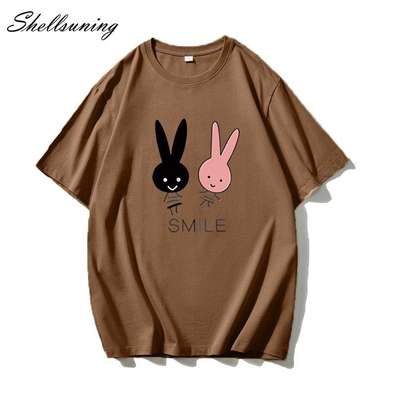 Shellsuning Cute Bunny Graphic Printed T Shirts Women Summer Casual Loose O Neck Short Sleeve Tees Female Trendy 100% Cotton Tops Lady