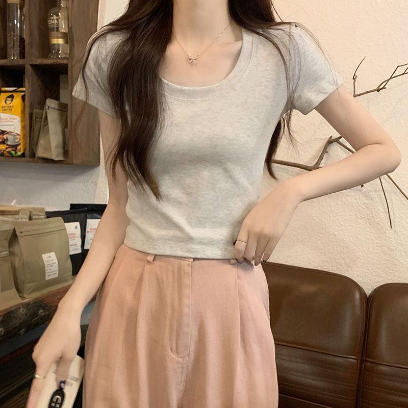 Однотонная футболка с круглым вырезом на правом плече для женщин, летняя, из чистого хлопка, эластичная, тонкая, короткая, горячая, для девушек, с короткими рукавами