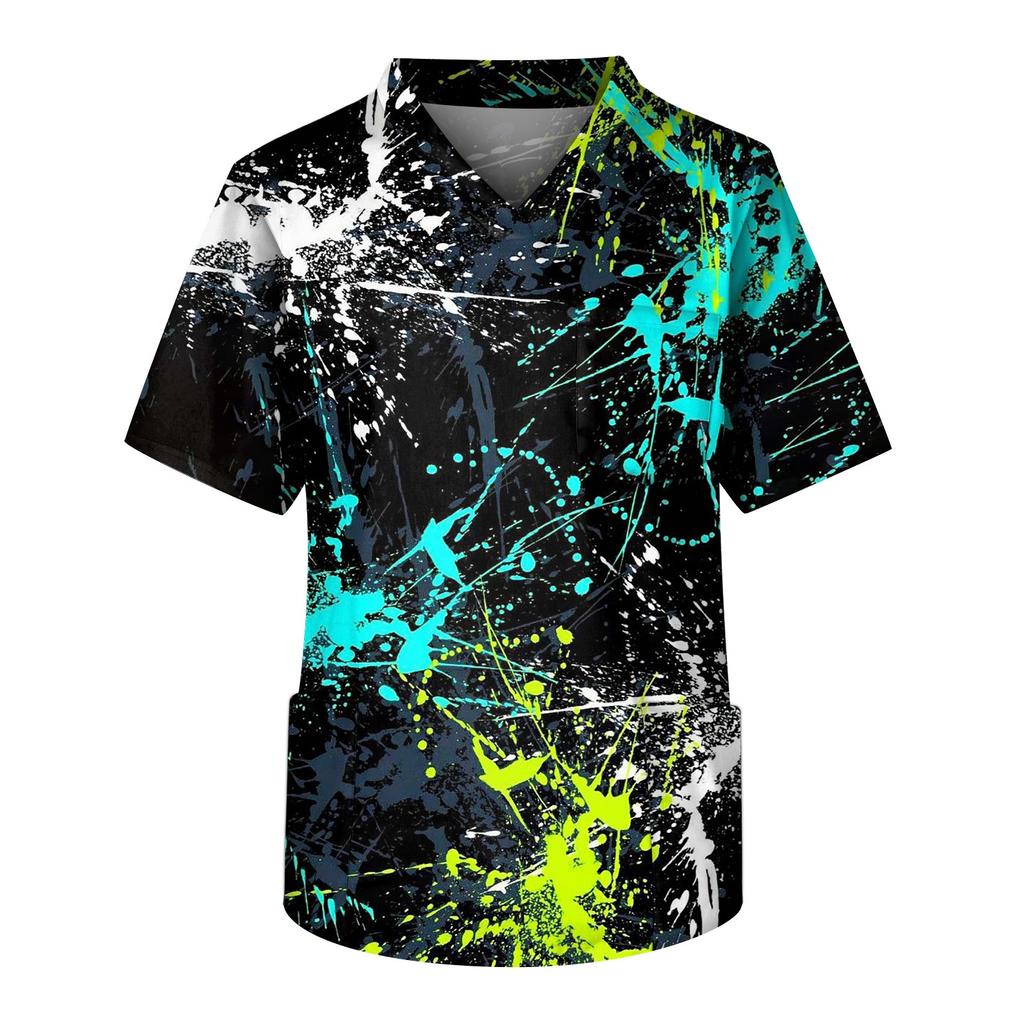 Мужская рабочая блузка с короткими рукавами и v-образным вырезом с принтом, топ с нагрудным карманом