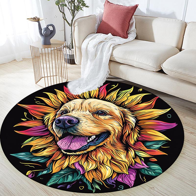 Golden Retriever Sunflower Round Area Rug,Carpet Rug for Living Room Bedroom Sofa Playroom Decor,Non-slip Floor Mat