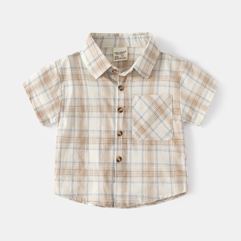 Summer Boys' Short-Sleeved Plaid Shirt, Baby Boy Polo Shirt, Half-Sleeved Collared Top, Pure Cotton Kidsren's Shirt, Kidsren's Clothing