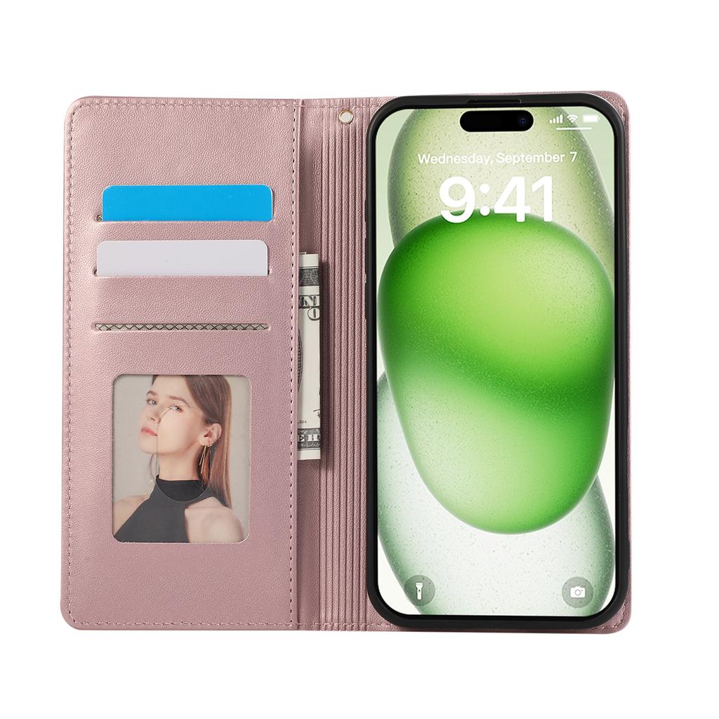 For iPhone 16 Pro Case RFID Blocking Wallet Stand Rhombus Leather Phone Cover with Wrist Strap