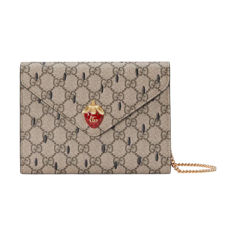 Gucci Double G logo strawberry chain canvas shoulder crossbody wallet mini women's brown #23 new style#
