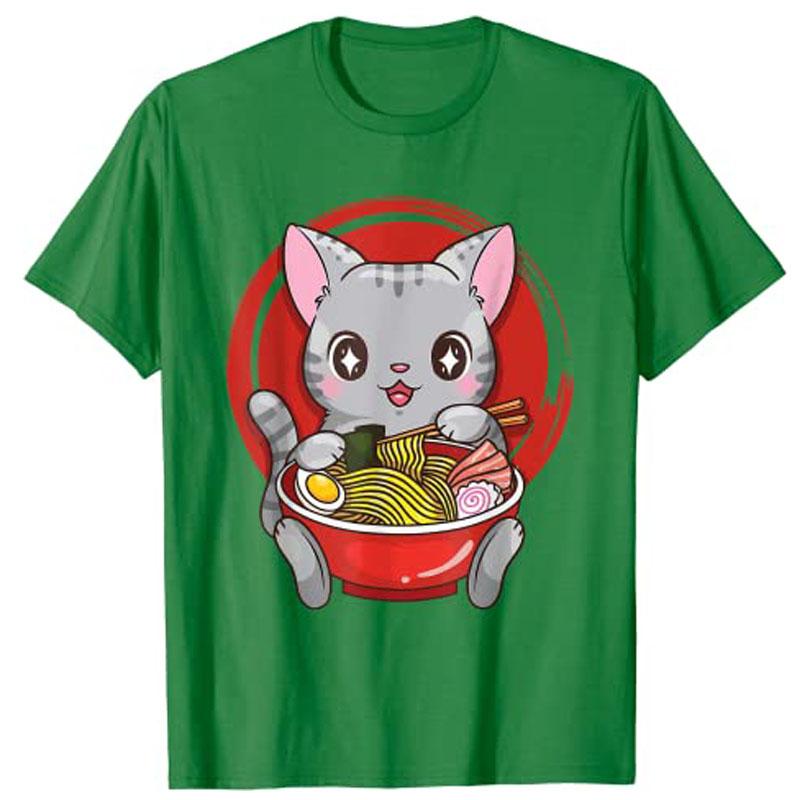 Официальная футболка для подростков RaUnisex с кошкой из аниме Kawaii Neko для японских девушек, одежда в стиле Харадзюку Y2k, котенок ест лапшу, новинка, милая футболка
