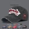 Fashionable Distressed English Embroidered Baseball Hat with Perforated Patch and Curved Brim