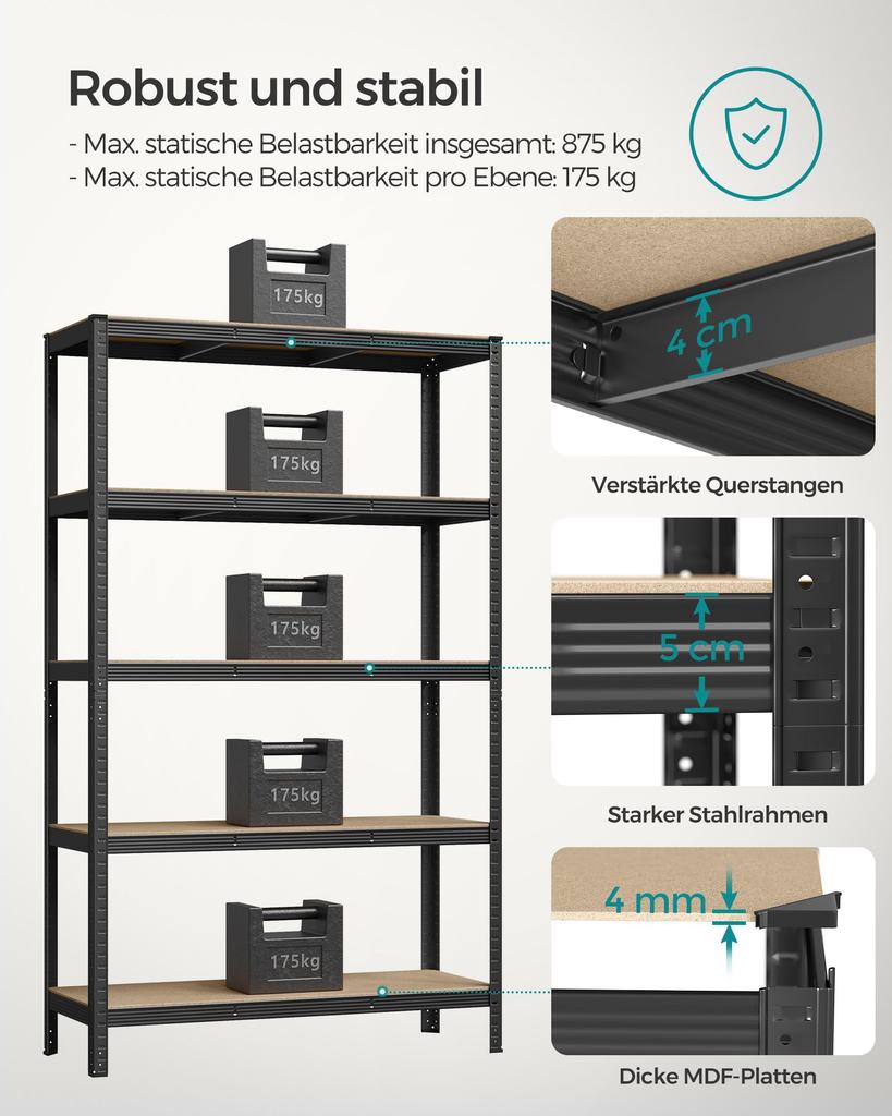 SONGMICS 5-Tier Shelving Unit, Steel Shelving Unit for Storage, Tool-Free Assembly, for Garage, Shed, Load Capacity 875 kg, 60 x 120 x 200 cm, Black