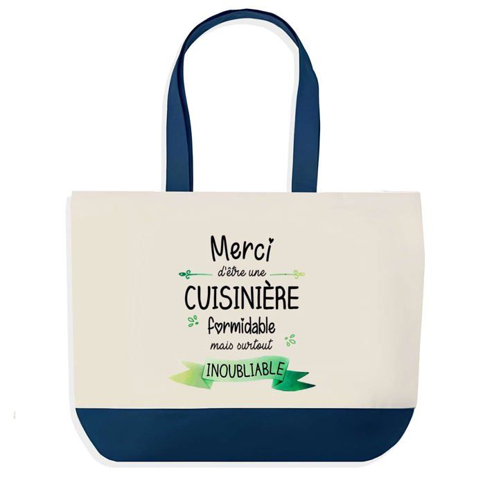 Sac shopping - PLANETEE - Sac shopping fond bleu «Merci Cuisinière» - Coton 40x45 cm - Grand format - Fabriqué en France