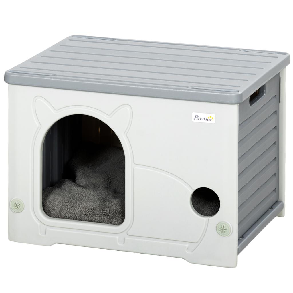 Cat House Stackable Pet Shelter with Removable Cushion for Indoor Outdoor Use Grey