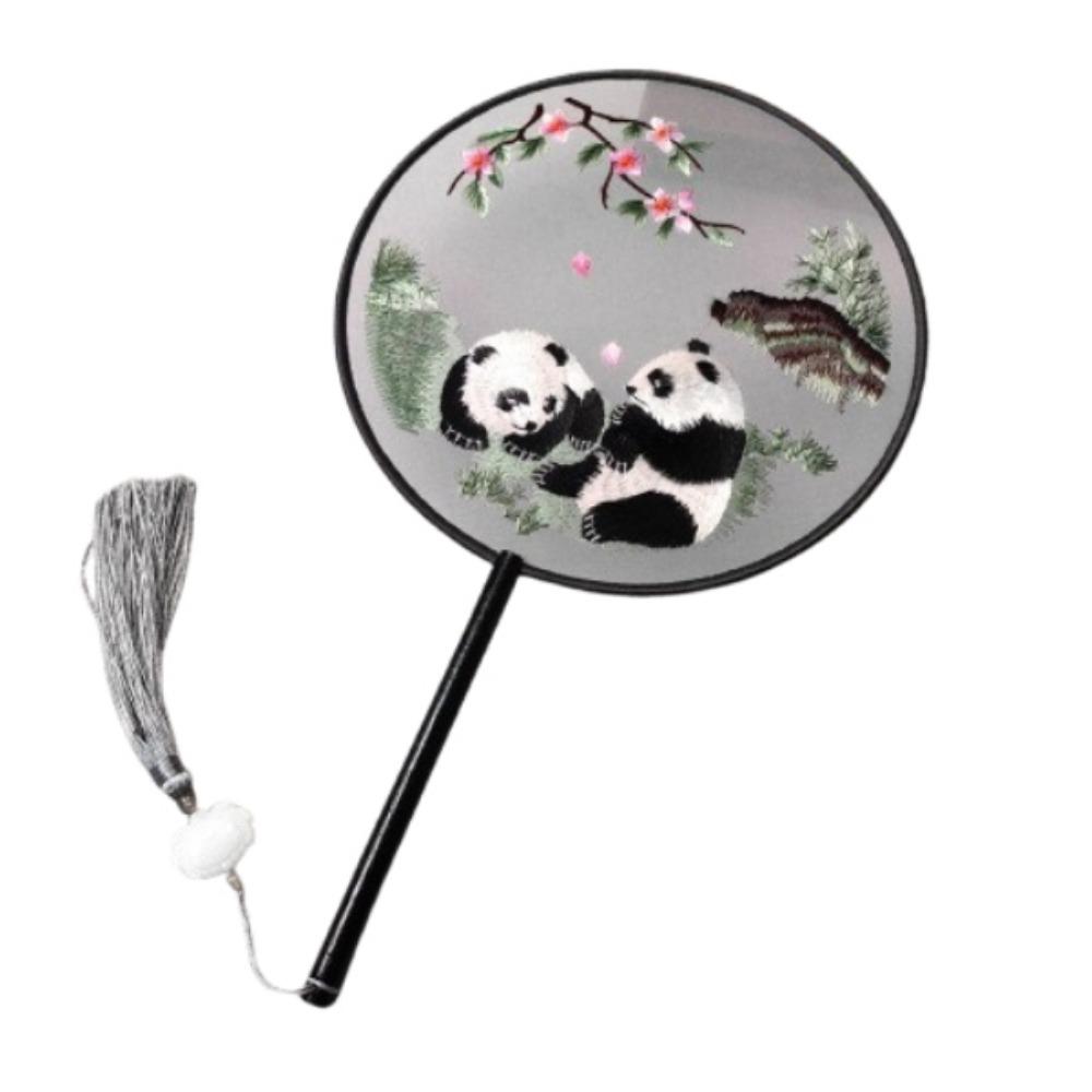 Creative Embroidered Silk Fan Cute Panda Embroidery Round Fan  Home Decorations