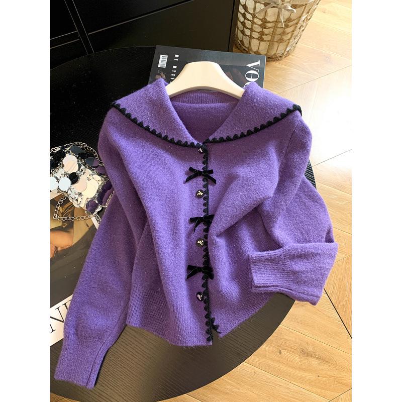 Autumn 2026 Sweet Sailor Collar Knit Cardigan with Bow & Buttons – Fashionable, Versatile, Age-Reducing Sweater