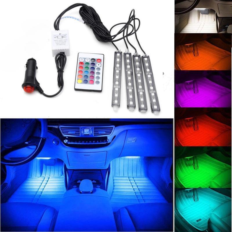 4pcs Car RGB LED Strip Light LED Strip Lights Colors Car Styling Decorative Atmosphere Lamps Car Interior Light With Remote 12V
