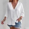 Women's Spring and Autumn Casual T-shirt Fashion V-neck Button Ice Silk Wrinkled Solid Color Cardigan Long-sleeved Top