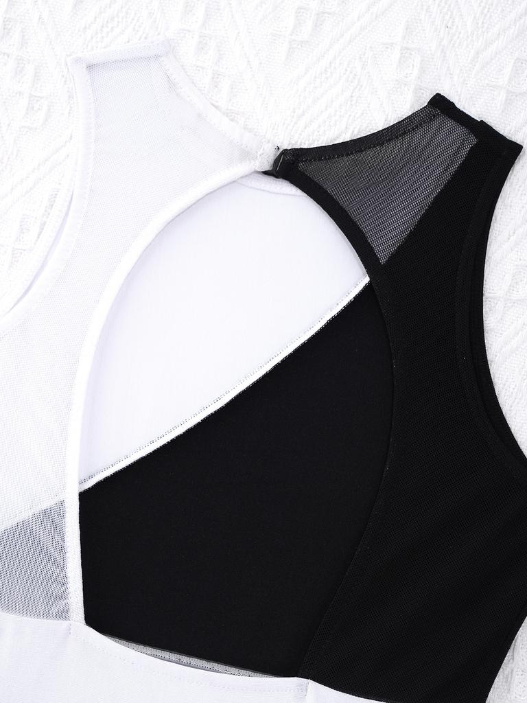 Сетчатый купальник для танцев в стиле пэчворк для девочек, без рукавов, с круглым вырезом и открытой спиной, контрастный цвет, гимнастический костюм