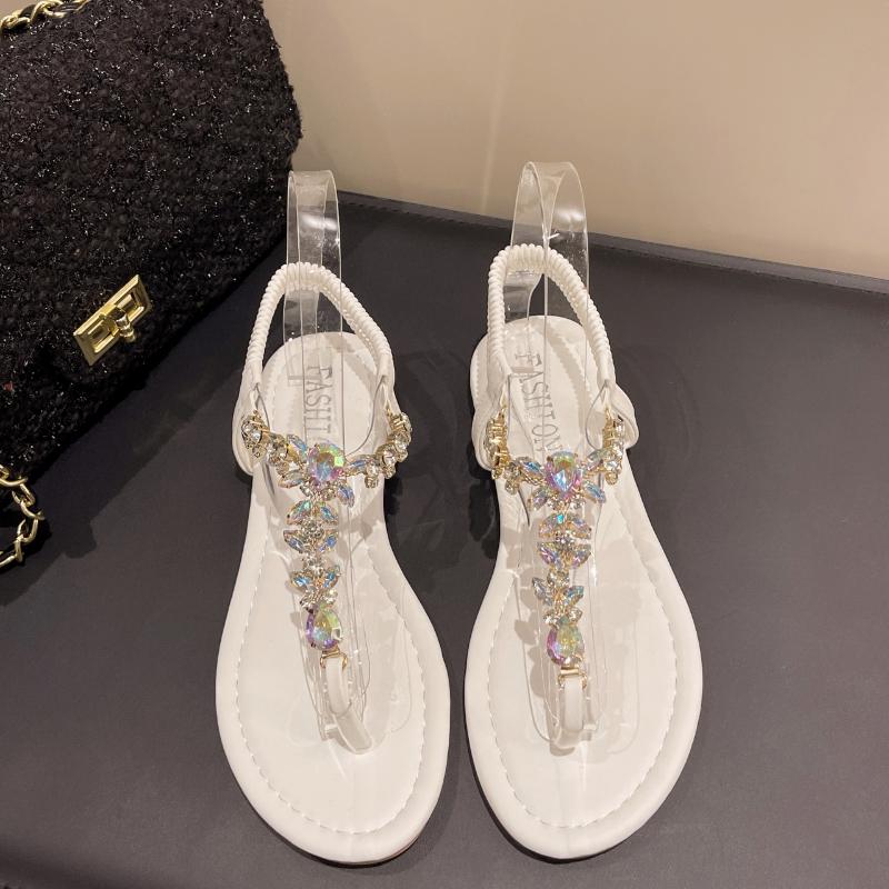 Fashion Thong Beach Sandals Women Shoes Fashion Flat Thong Sandals with Drill Elastic Strap Casual Slide Shoes for Women Outdoor