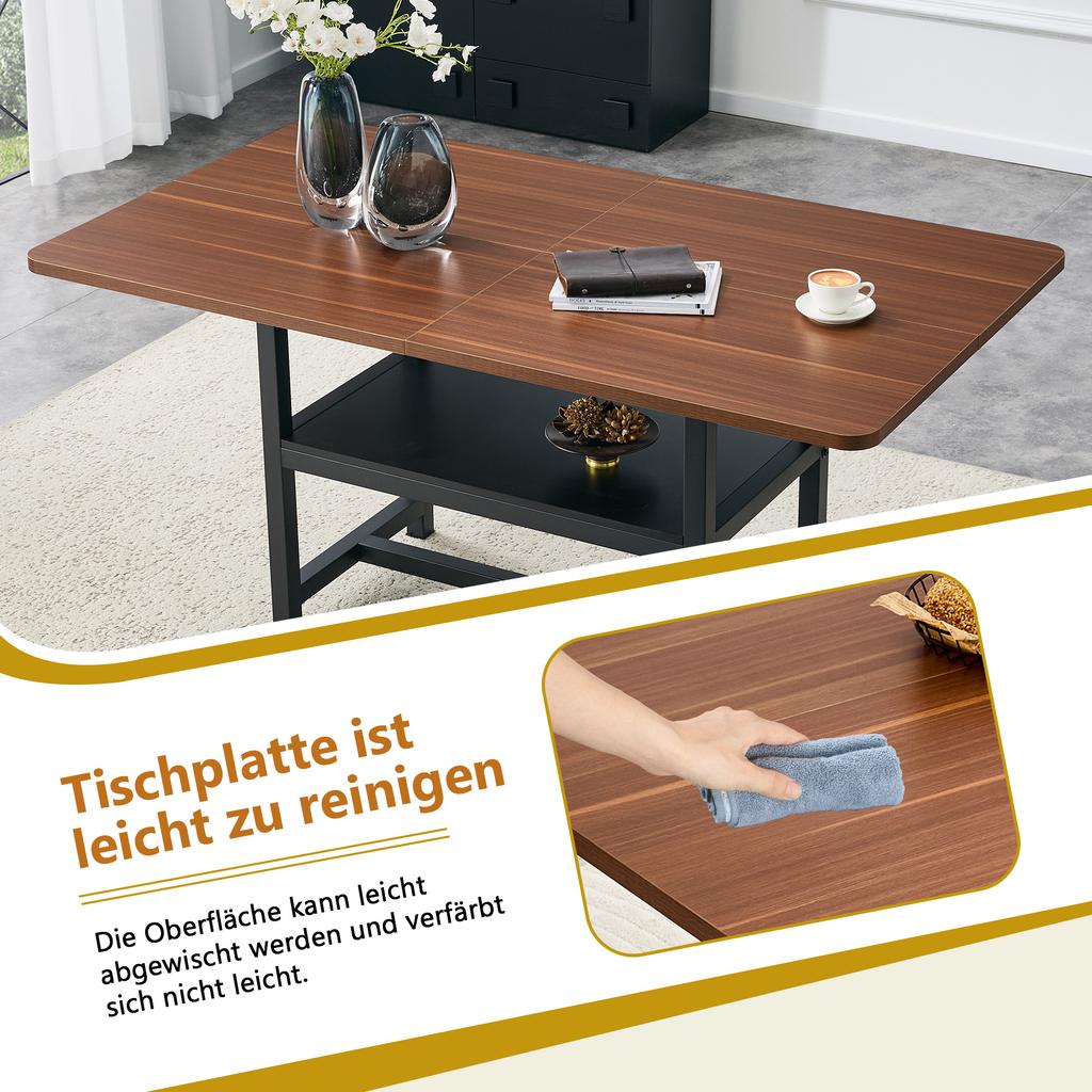 Rectangular Dining Table in Industrial Design in Walnut Color, 160×90×76 cm, for 4–6 People, with Multifunctional Shelf and Black Metal Legs.