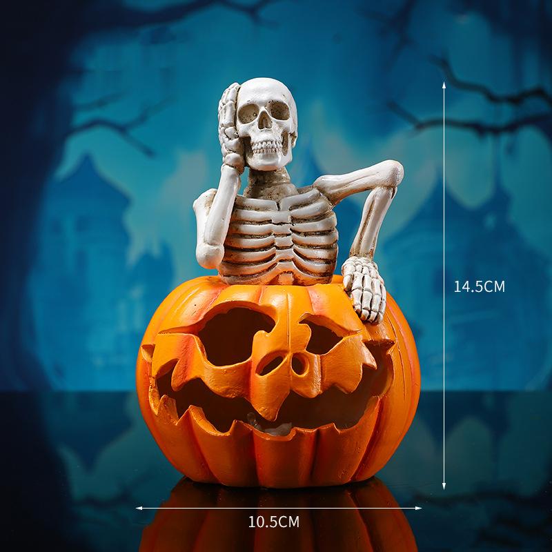 Halloween Pumpkin Skeleton Figurine Spooky Ghost Festival Skull with LED Lights Resin Crafts Sculpture Home Office Desktop