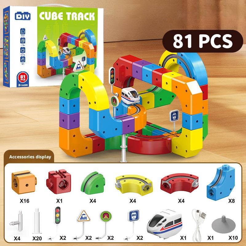 51/81/123 ШТ. Волшебная Дорога Поезд Электрические Игрушки 3D Строительные Дорожки Кубические Рельсы USB Перезаряжаемые Интерактивные Игрушки для Родителей и Детей