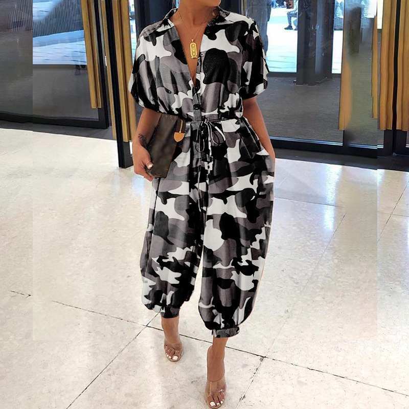 Комбинезоны, женские комбинезоны с короткими рукавами в горошек, повседневные свободные комбинезоны с воротником с лацканами и карманами, летние шаровары