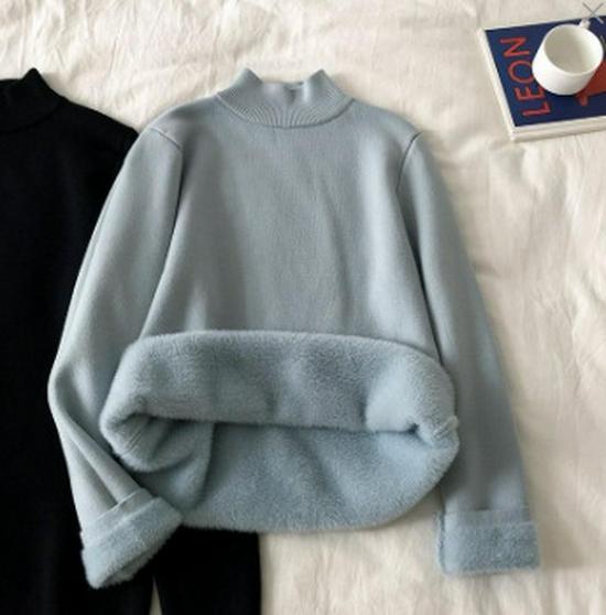 Женский флисовый трикотажный топ: Полувысокий воротник, плюс бархат, плотный, универсальный базовый слой для осени/зимы.