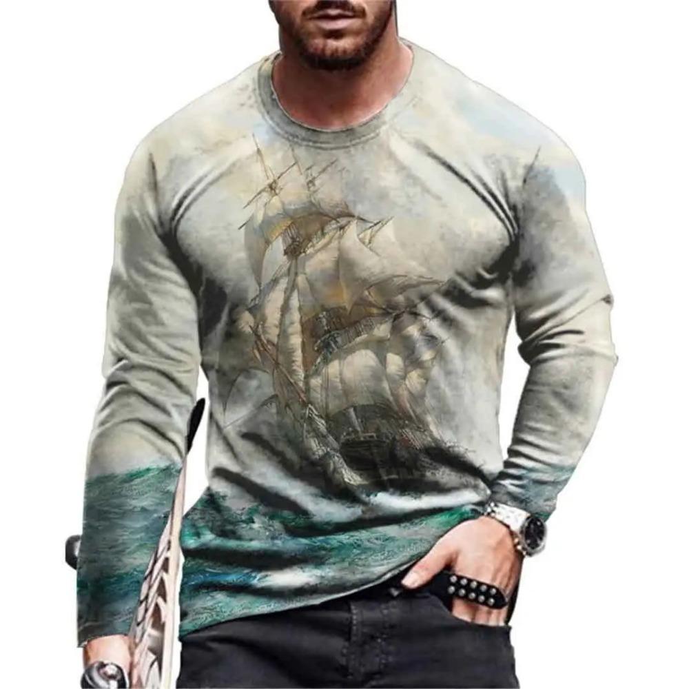 Навигация Парусник 3D Цифровая Печать Мужская Мода Тренд Футболка с Круглым Вырезом и Длинным Рукавом