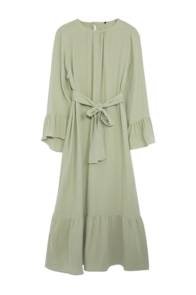 Women's Style Hijab Dress Mint Skirt Ruffled Seersucker Dress