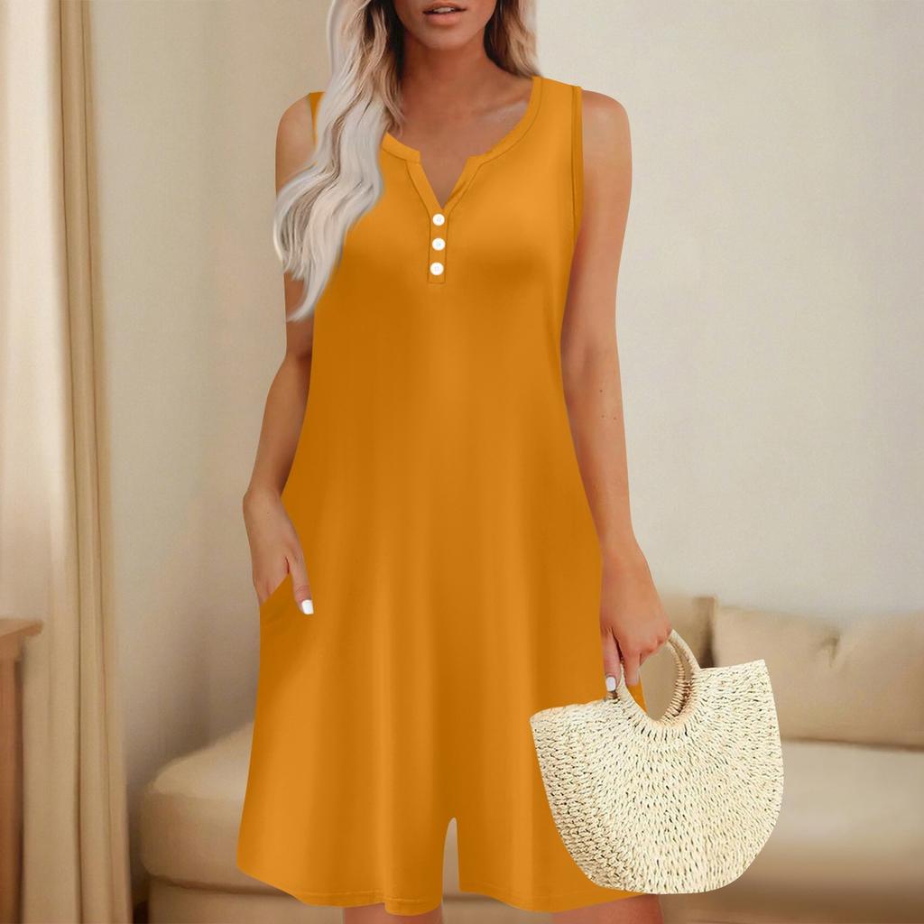 Women's Fashionable And Casual Sleeveless Button-pocket One-piece Shorts