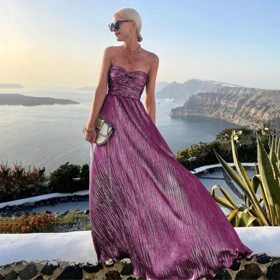 Women Evening Off Shoulder Backless Sleeveless Bronzing Bandeau Out High Waist Pleated Prom Party Banquet Maxi