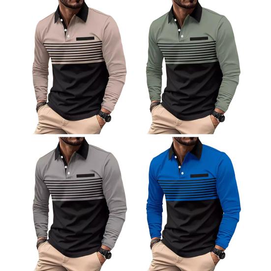 Men Spring Fall Shirt Buttoned Turn-down Collar Contrast Color Striped Prinitng Long Sleeves Pullover Mid Length Casual Business Top