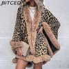 Women's Autumn/Winter Faux Fur Collar Cape Cardigan Leopard Print Shawl Knit