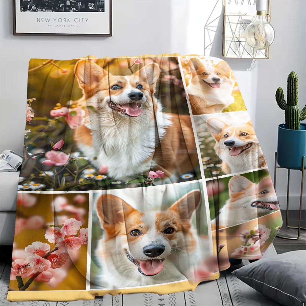 1Pc Corgi Print Flannel Blanket, High quality Comfortable for All Seasons, Home Decor, Warmth and Comfort, Perfect for Christmas Gifts