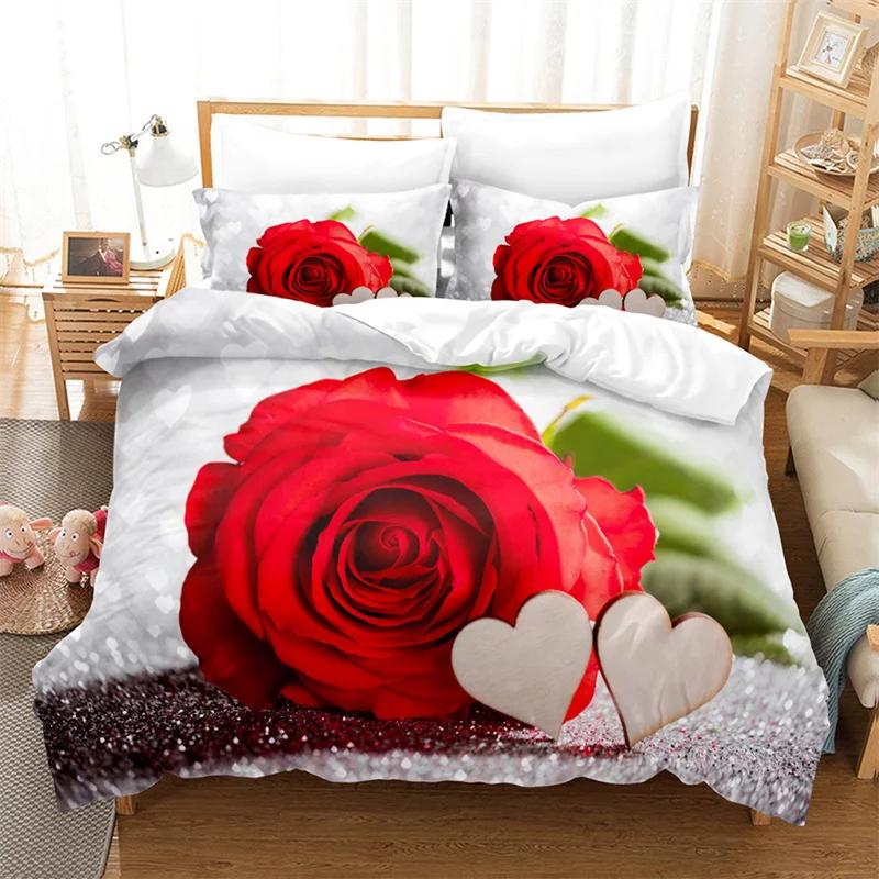 Comforter Rose Flower Bedding Set 4Pcs Pink Red 200X230 For Double Bed 3D Bedsheet 230X230 Full Size Thin Fabric