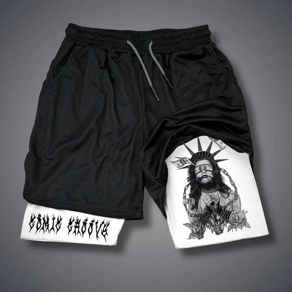 Men 2 In 1 Sports Shorts Gothic Pattern Short Pants Fitness Running Pant Sportswear Casual Shorts Summer Drawstring Jogging Pant