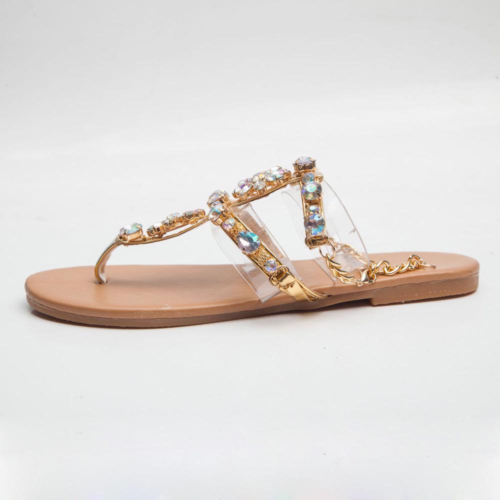 Women Fashion Beach Shoes Rhinestone Metal Chain Crystal Sandals Slip On Flip Flops Sandals