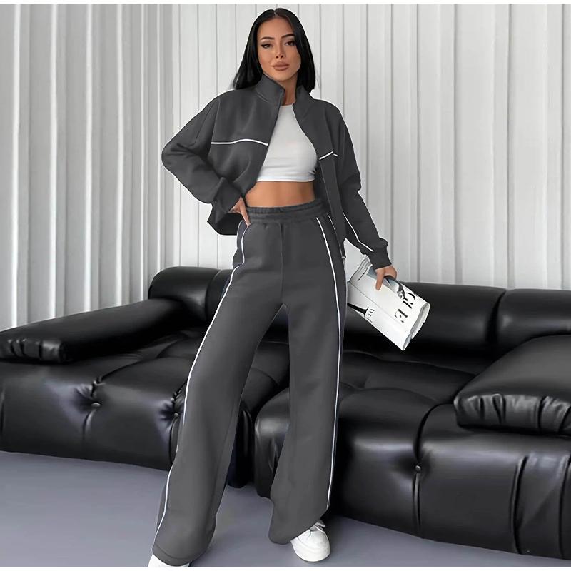 Женский повседневный свободный комплект из двух предметов на весну и осень, длинный рукав, воротник-стойка, толстовка с капюшоном на молнии, эластичный пояс, широкие брюки