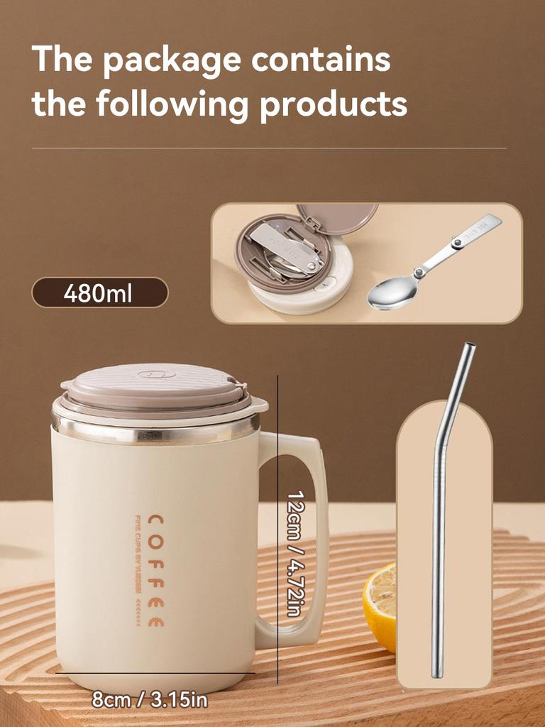 Double-layer Coffee Cup With Spoon&Straw Milk Coffee Mug Portable Insulated Anti Scalding 304 Stainless Steel Water Cup