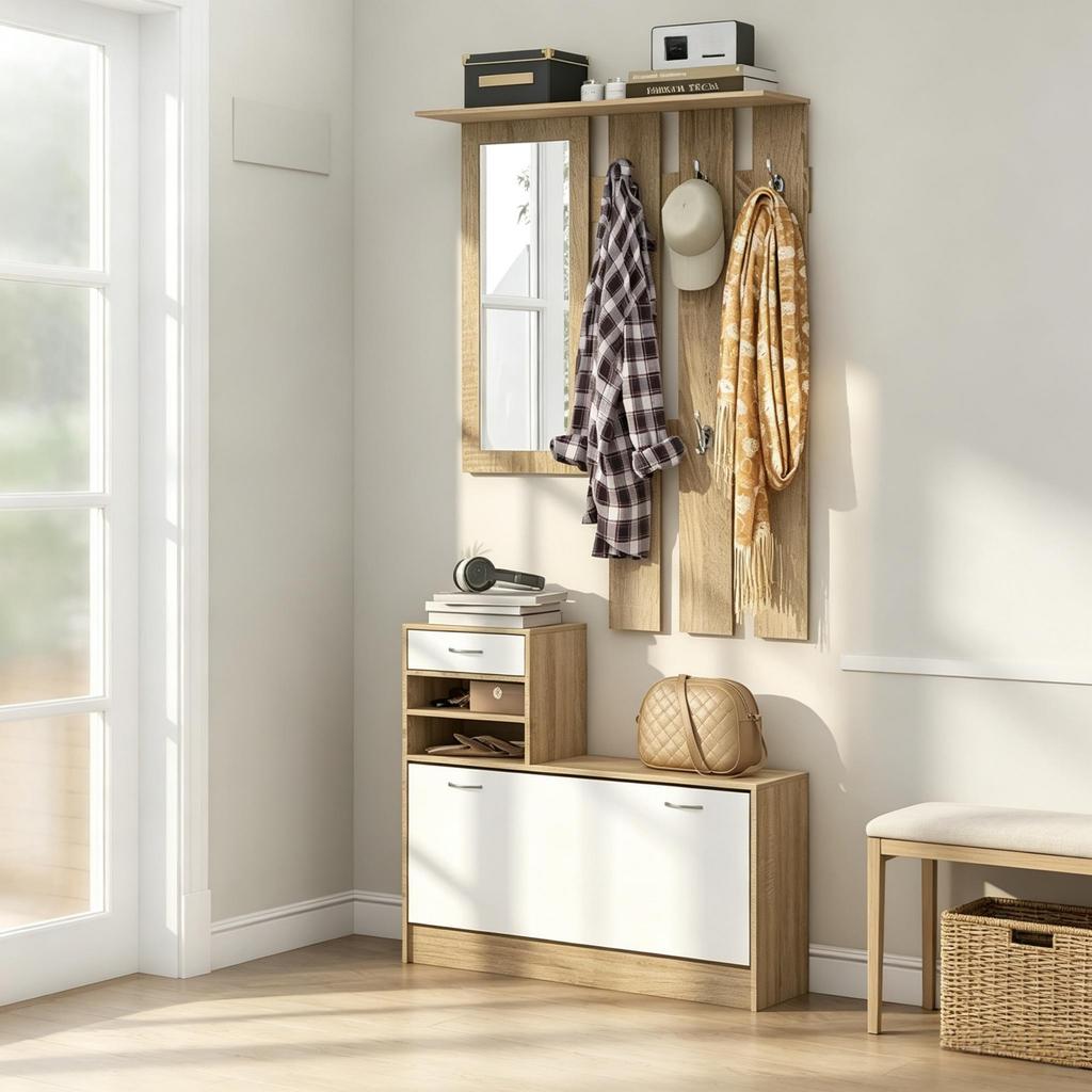 Hallway coat rack furniture with coat hook panel, mirror and shoe bench, 6 hooks and adjustable shelf (only with hallway coat rack furniture)