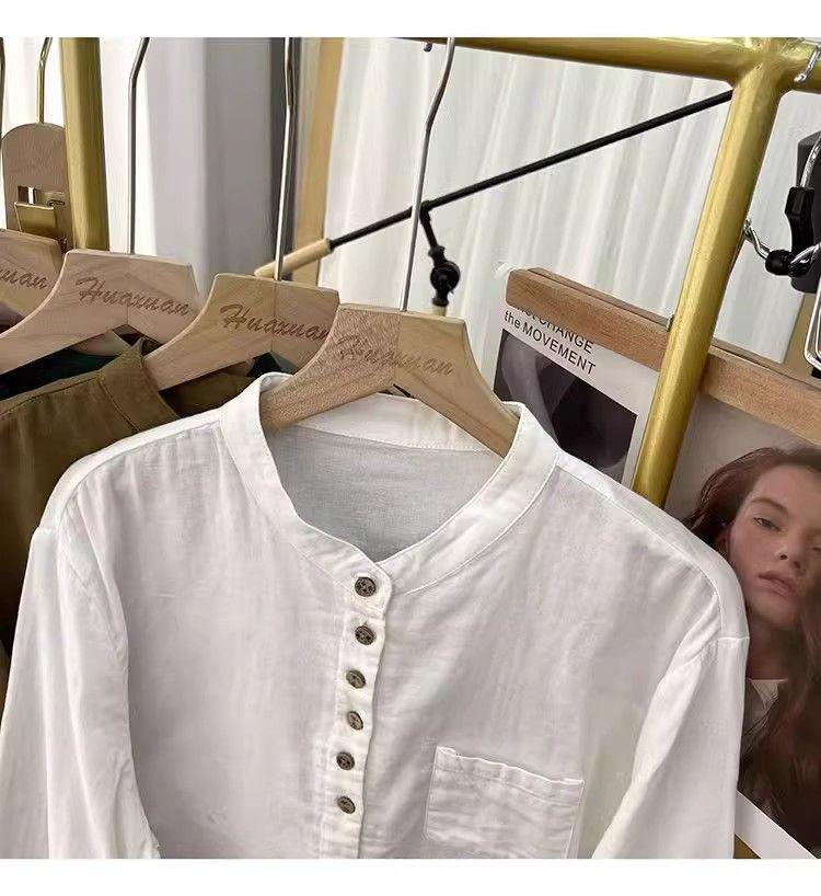 Женская хлопково-льняная рубашка в корейском стиле, ретро, весна/лето 2025, с воротником-стойкой, длинным рукавом, свободного кроя