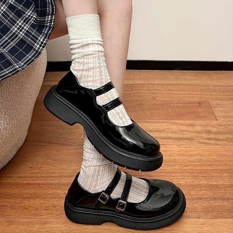 Черные французские туфли на круглой платформе в стиле ретро, женские кожаные туфли 2025 года, летняя юбка, неглубокий вырез, туфли Мэри Джейн