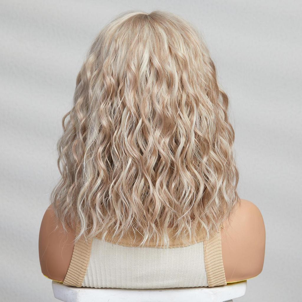 ALAN EATON Short BOB Synthetic WIGS Light Blonde Curly Wig with Bangs for Women Cosplay Daily Party Heat Resistant Fiber Wig